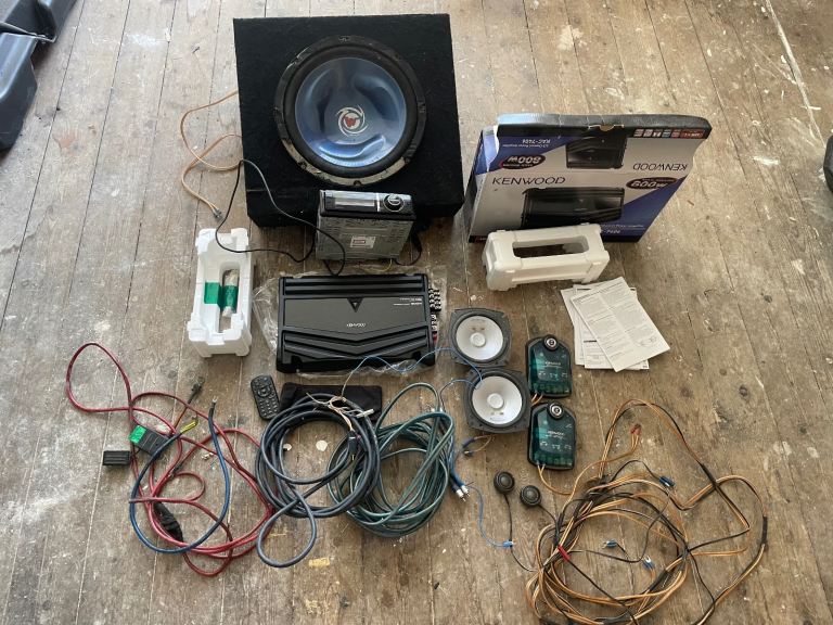 Kenwood car stereo with amp and speakers