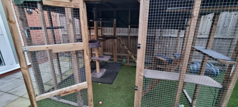 Cat Aviary  Free-standing 9ft long x 6ft wide x 6ft high, with a black waterproof roof