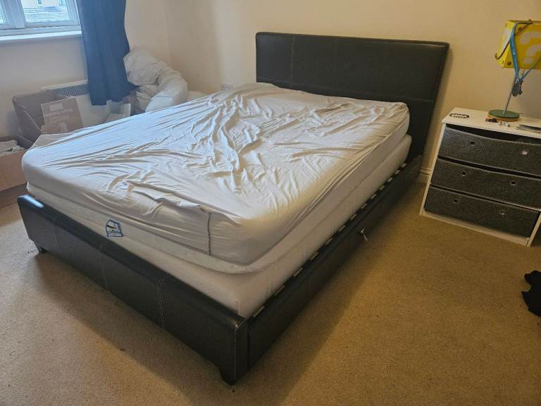 Double Bed Frame with Slats – Black Faux Leather, Fair Condition - see description for options 