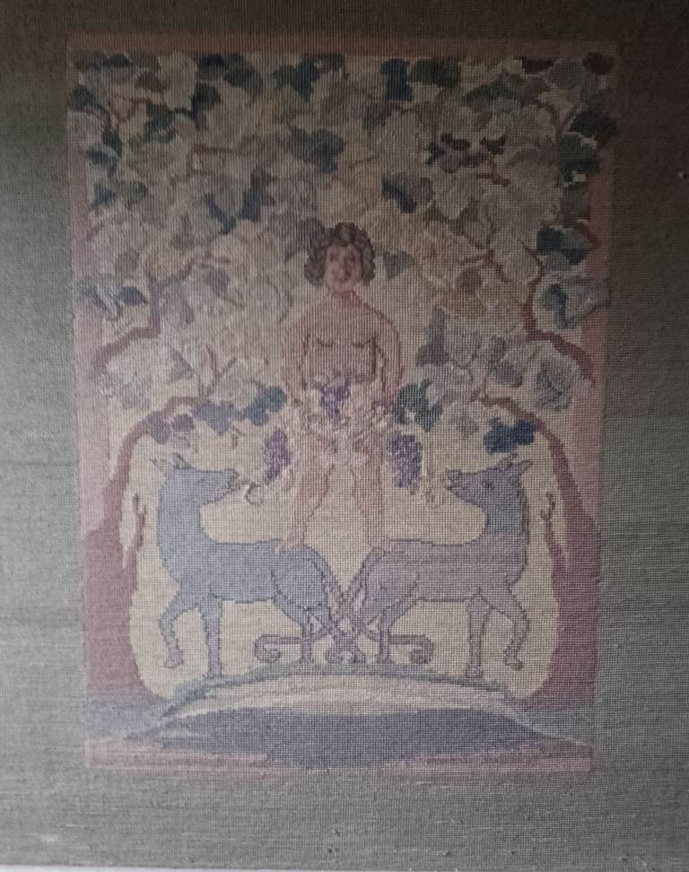 Antique embroidered tapestry on green background. A little faded. 80x50cm. 