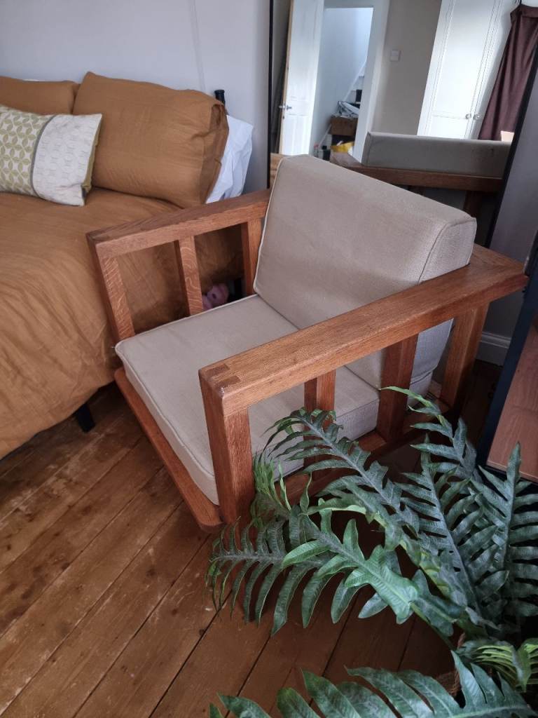 Wooden Armchair with Beige Cushions – Good Condition