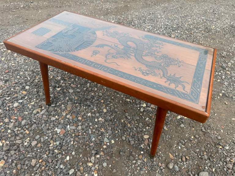 Vintage Teak Coffee Table Glass Top Chinese Dragon Oriental Mid Century Retro