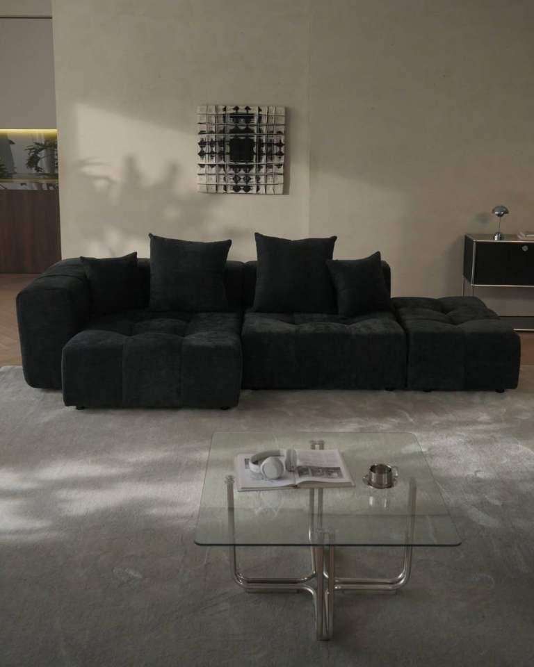 Modern Black Modular Sofa – Linen-Cotton Fabric, Great Condition