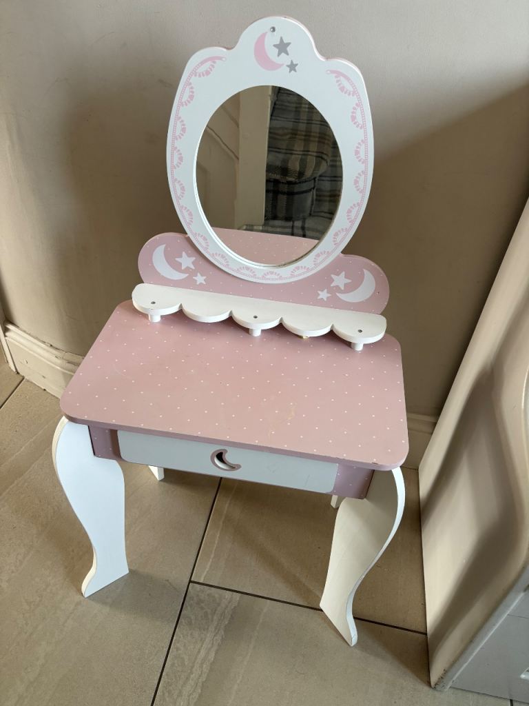 Children's Pink and White Wooden Dressing Table with Mirror