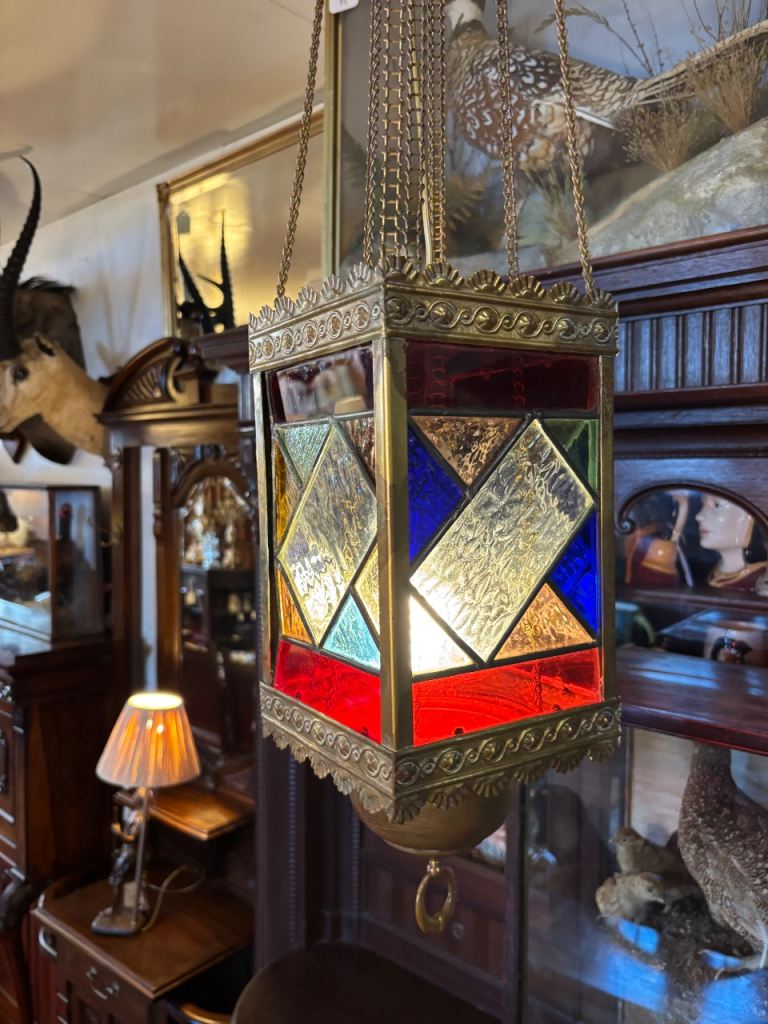 Vintage Stained Glass Hanging Lantern - Multicoloured