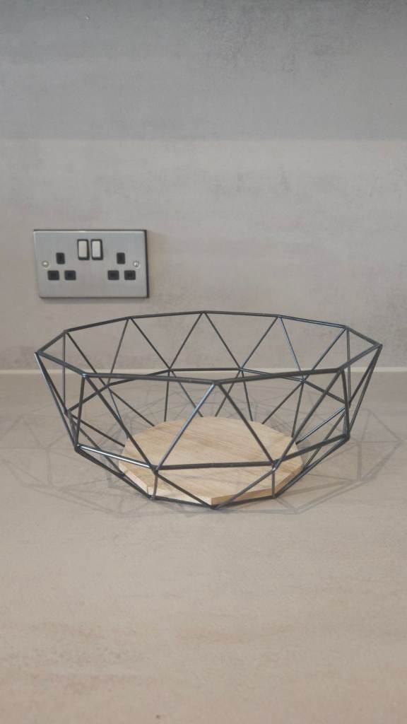 Black Geometric Metal Fruit Bowl with Wooden Base