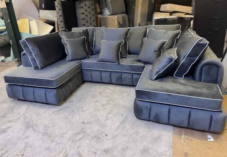 Lovely New Grey Velvet Corner Sofa with Cushions  