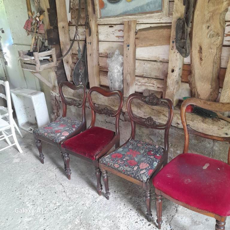 Set of 4 Vintage Wooden Dining Chairs with Upholstered Seats