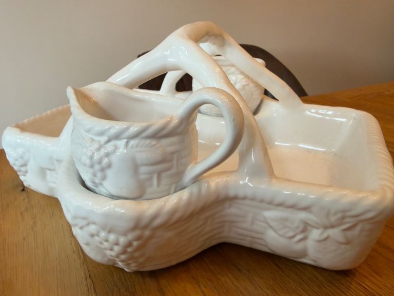 A. Santos White Ceramic Strawberry Basket with Jug & Sugar Bowl