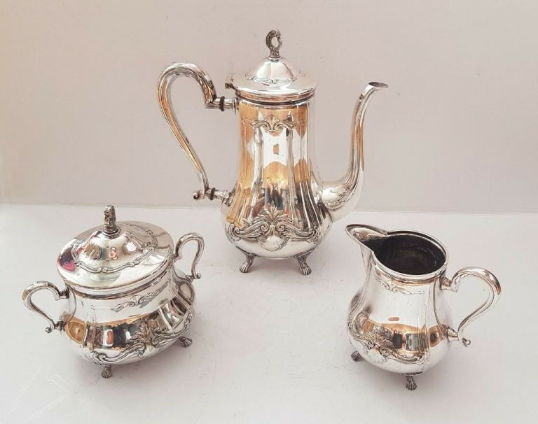 WMF antique set: teapot or coffee pot, sugar bowl, milk jug, silver plated, 1910