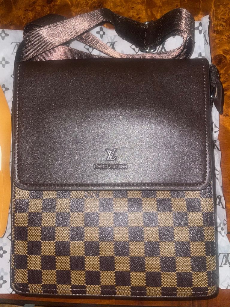 Unisex Brown Checkered Crossbody Shoulder Bag 