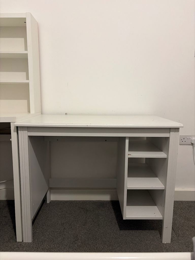 White Wooden Desk with Shelves – Fair Condition