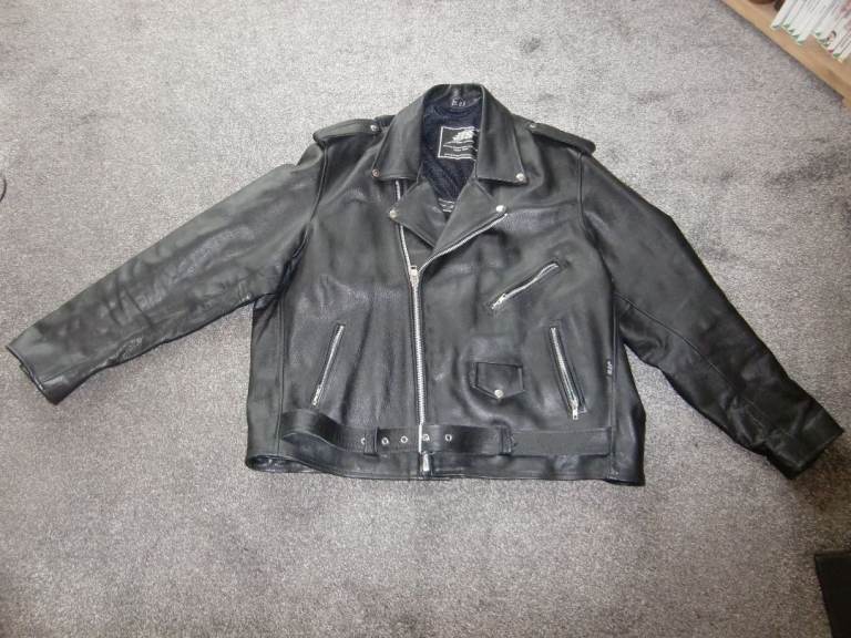 Marlon Brando style real leather motorbike jacket from JTS . AS NEW. size 3 X L , 56 inch chest