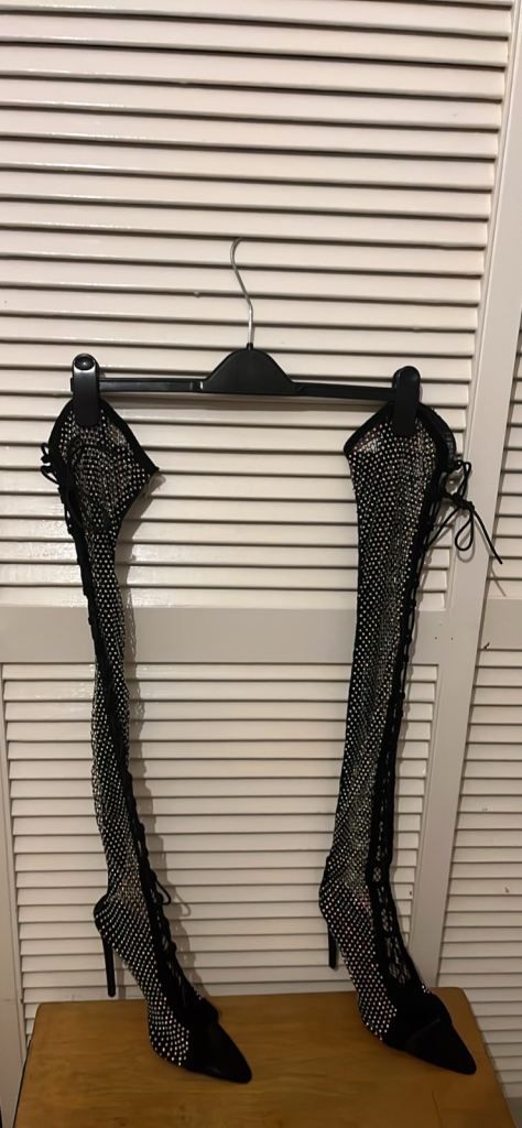 the Simmi London Talitha  rhinestone mesh thigh-high boots