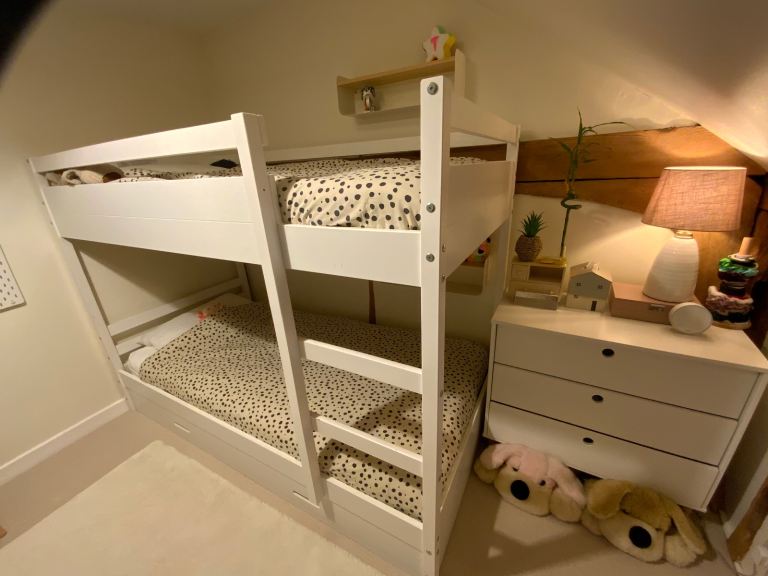 White Wooden Bunk Beds with Storage Drawers and a set of draws Great Condition