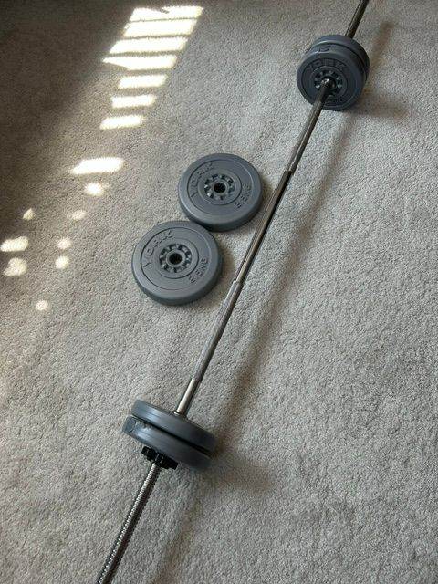 YORK Barbell with Weight Plates – Grey, Good Condition