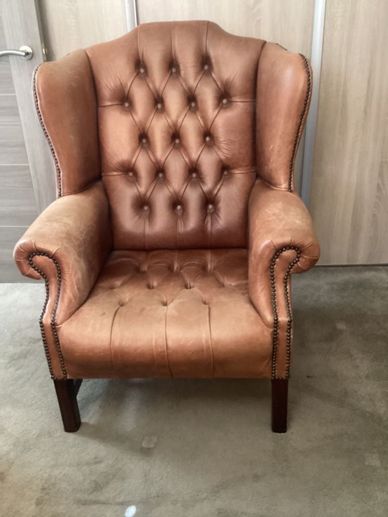 Brown Leather Wingback ‘Club’ Armchair – Good Condition