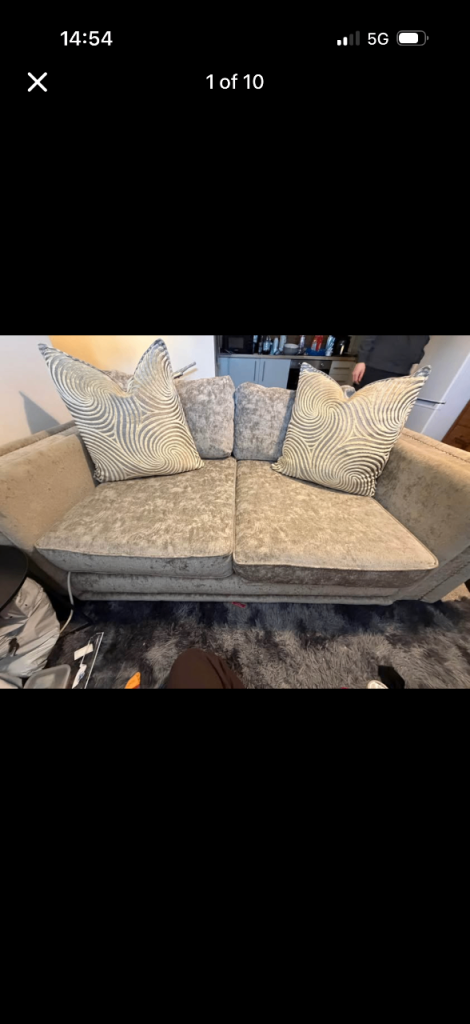 Grey Velvet Two-Seater Sofa with Studded Detail and Cushions