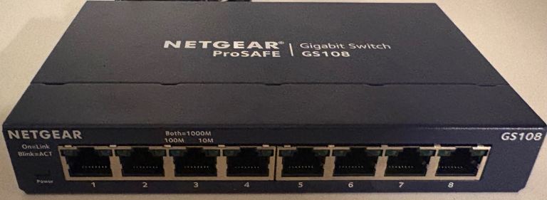 Netgear 8 Port Gigabit Ethernet switch.