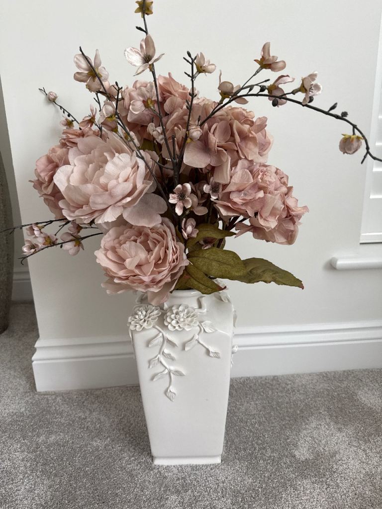 Decorative White Vase with Pink Artificial Flowers