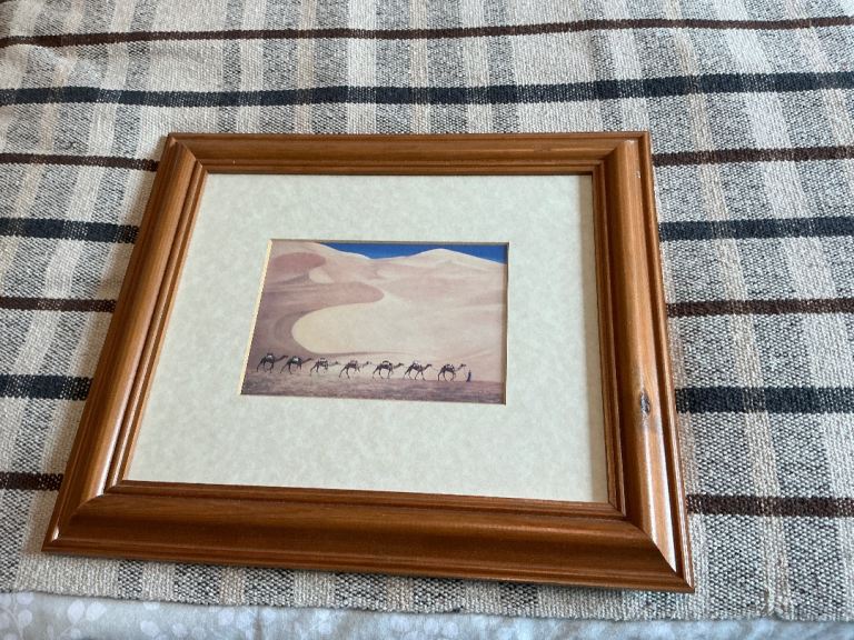 Good Condition Brown Wood Framed Desert Camel Art Print