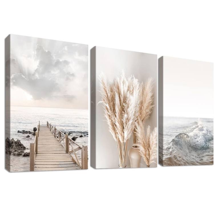 BRAND NEW - 3 piece wooden framed canvas wall art set seascape coastal beach grass ocean landscape 
