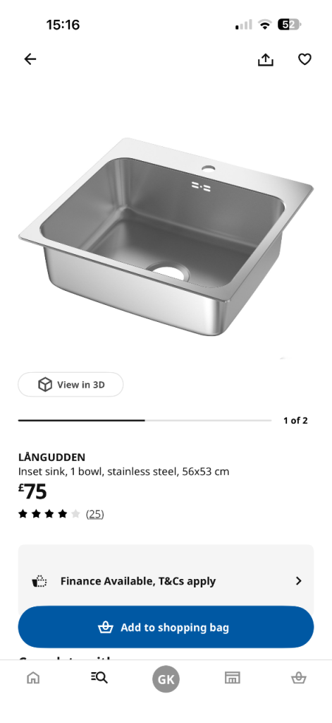 LÄNGUDDEN Inset Sink 1 Bowl Stainless Steel 56x53cm