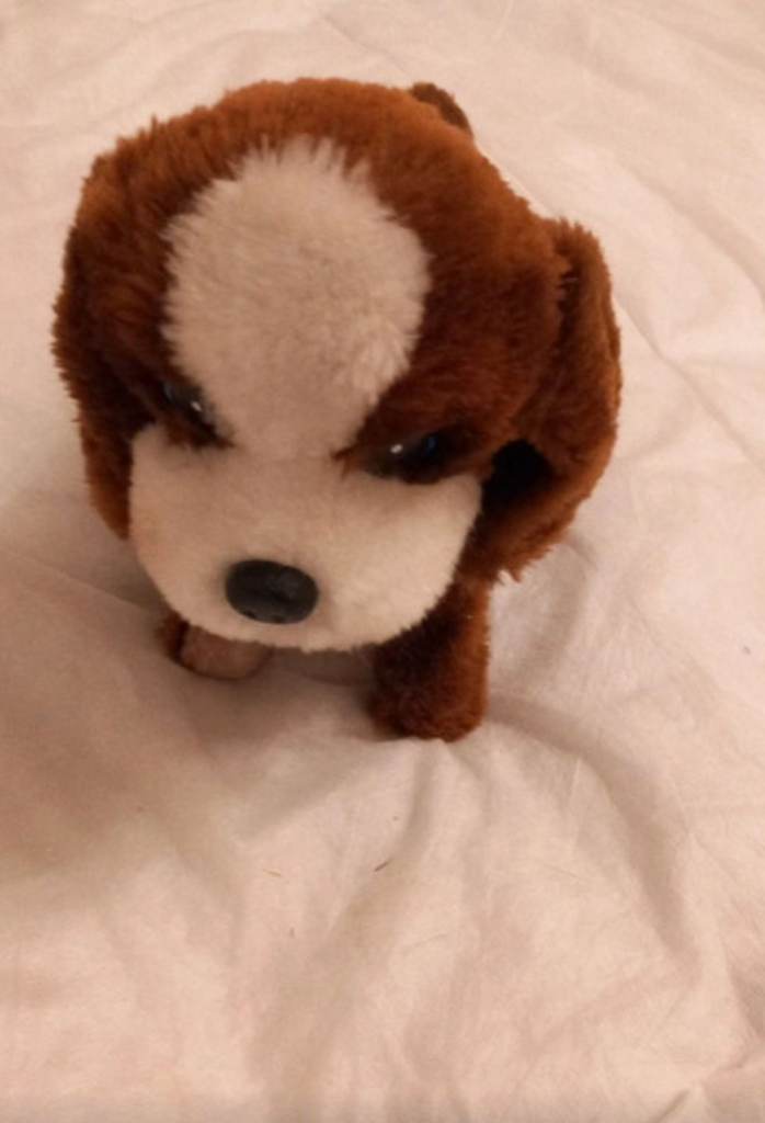Vintage 90s Walking & Barking Plush Dog - Brown & White Puppy with Gold "S" Charm