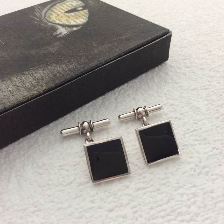 Classic 925 silver onyx square cufflinks - chain link - 13mm/0.5'' - gift box