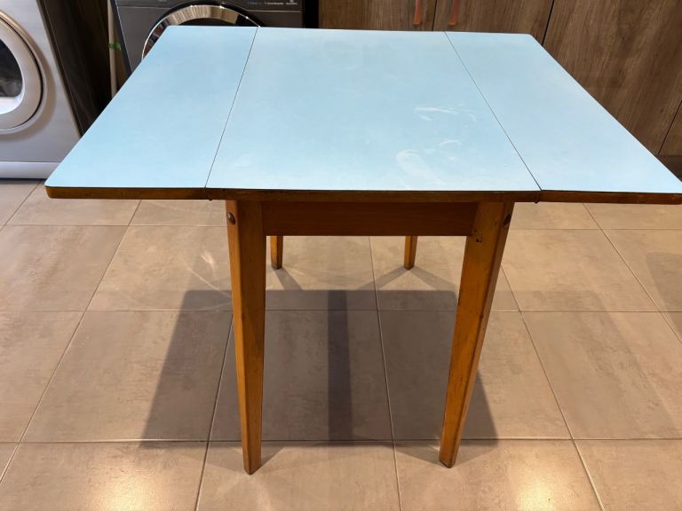 Mid Century Retro Blue Formica Drop Leaf Table & 2 Chairs