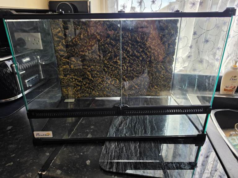 PawHut 48L Glass Terrarium, Reptile Vivarium with Stone Background, Black
