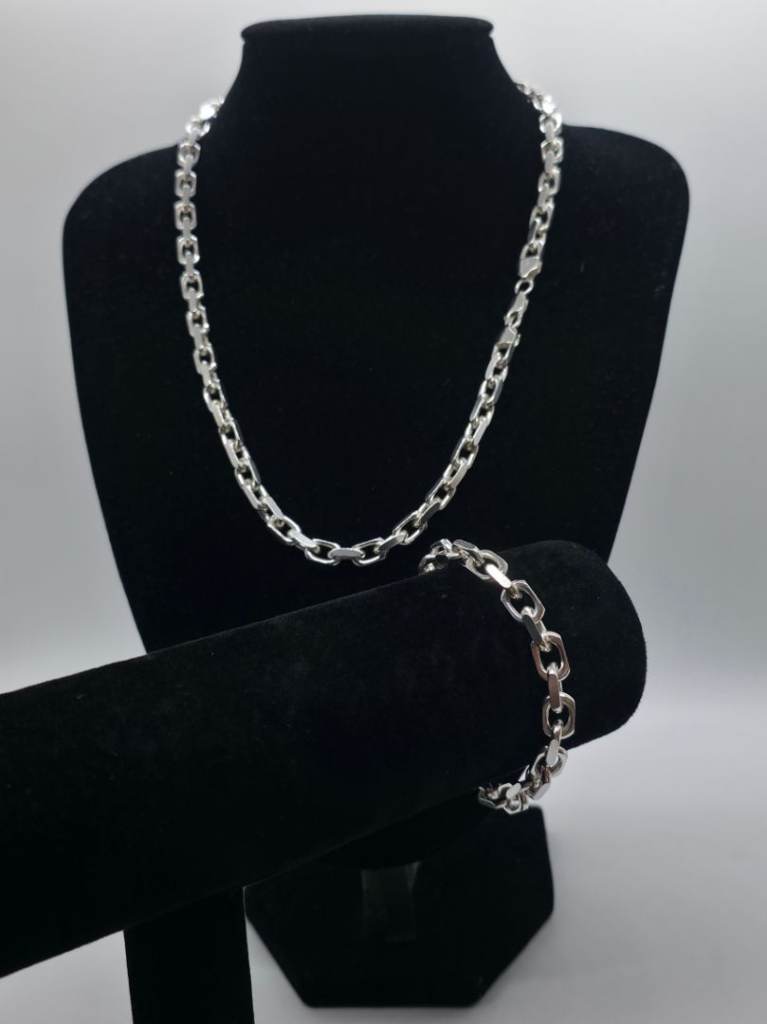 Sterling silver oval belcher chain and bracelet set 925