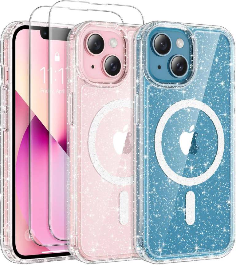 iPhone 13 Case iPhone 14 Case, Glitter Transparent Phone Case with 2 Tempered Glass Screen Protector