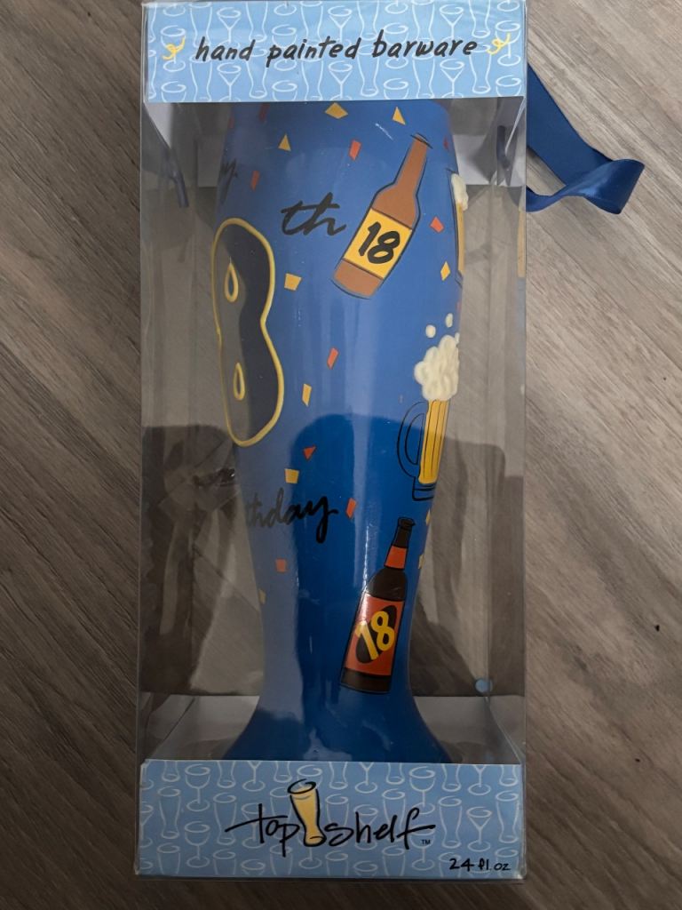 Top Shelf brand hand-painted 18th birthday beer glass