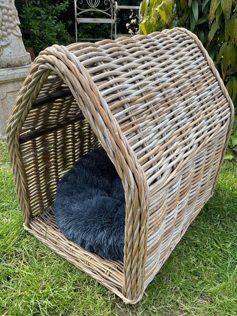 OKA RATTAN WICKER WASHED EFFECT PET DOG BED - HOUSE 65cm x 65cm x 50cm