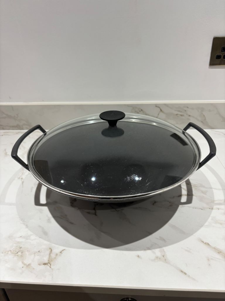 image for Le Creuset cast iron wok with handles, glass lid and separate base