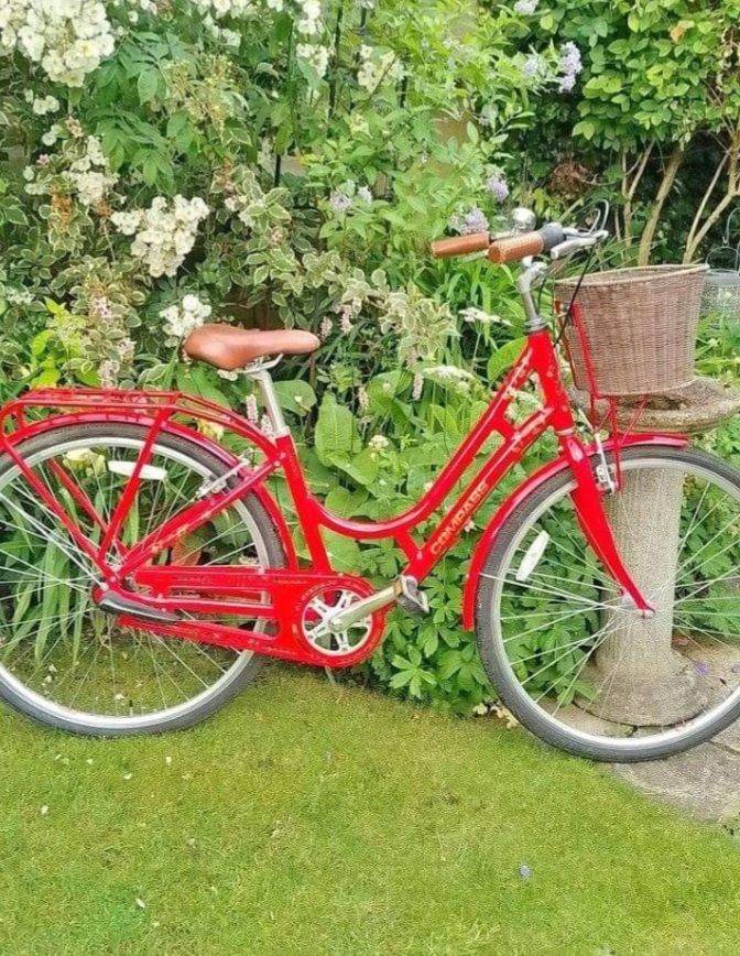 Red Women's Town Bike with Wicker Basket and Rear Rack