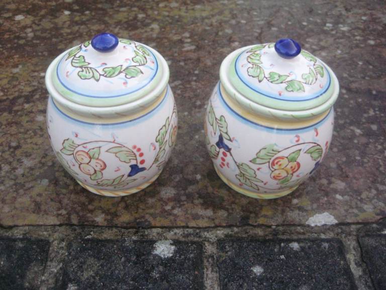 2 Unused Matching & Decorative Spanish Artisan Ceramic Preserve Jars with Air Tight Lids: 2 for £7