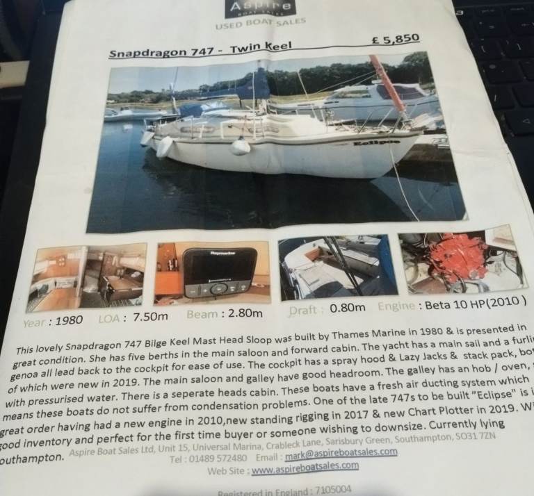 1980 Snapdragon 747 Twin Keel Sailing Boat -  Fairly Good Condition, White