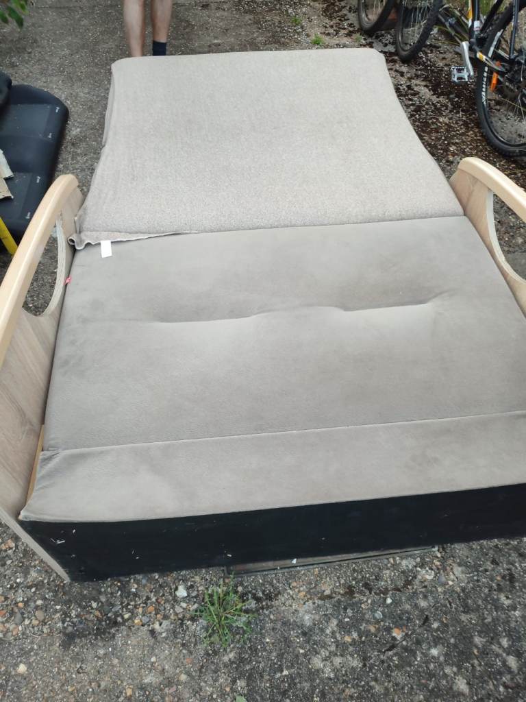 Grey Sofa Bed / Futon with Wooden Arms – Good Condition