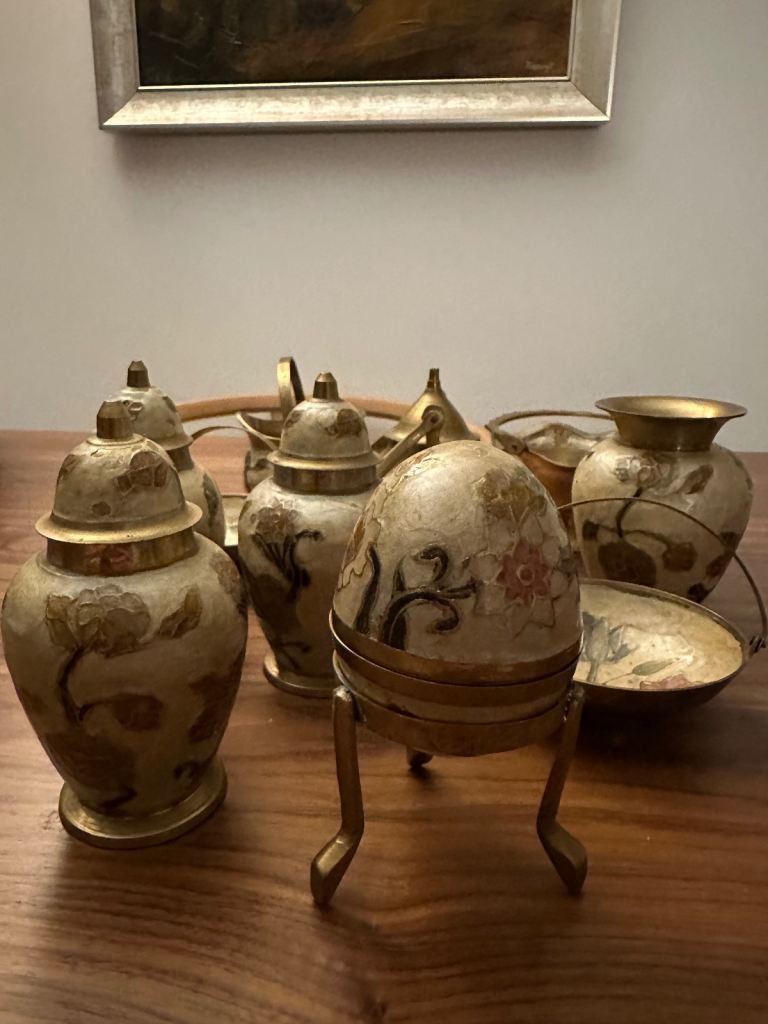 Vintage Indian brass and enamel tea set