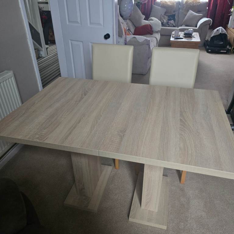 Antique Oak Veneer Dining Table and Chairs