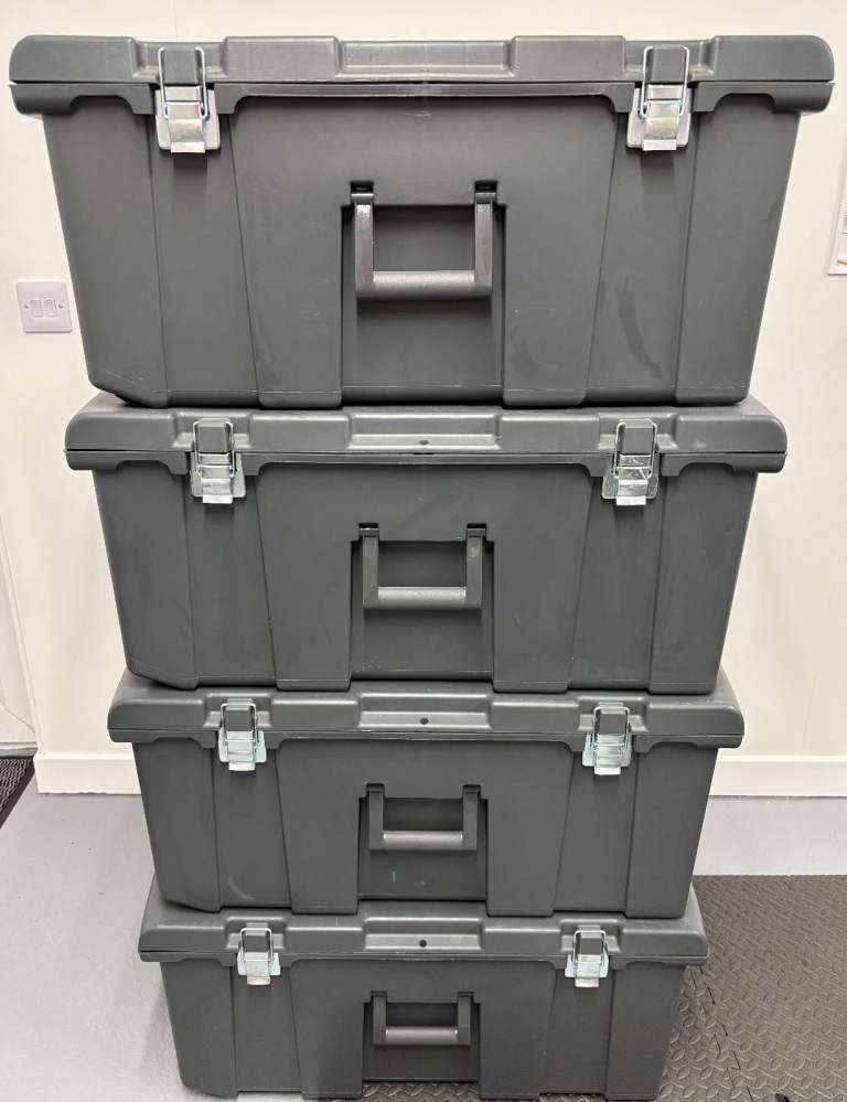 image for Set of 4 x Black Heavy-Duty Plastic Lockable Wheeled Storage Container (Excellent used condition)