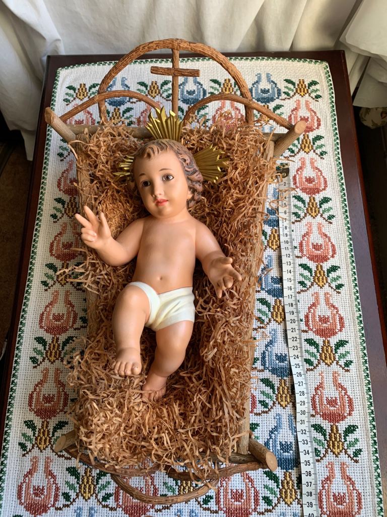 Antique Spanish Baby Jesus in a Manger, Nativity Scene by prestigious Spanish brand DIMOSA 