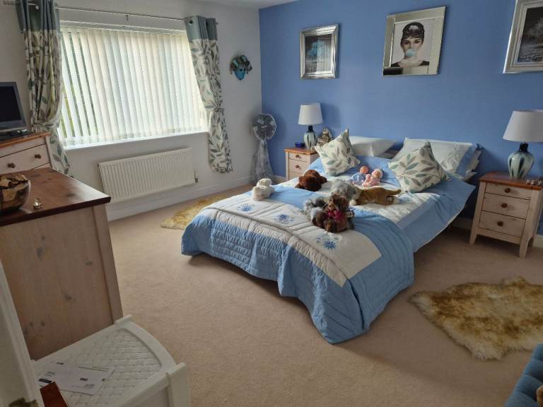 DOUBLE BED WITH NEW MATTRESS, 2 x 6 DRAW UNITS 2 X 3 DRAW BEDSIDE UNITS, 1 MIRROR 