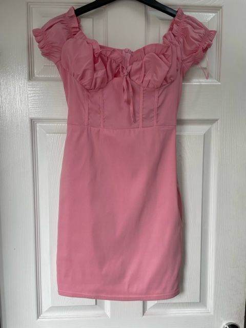 image for BNWT PLT Pink Bardot Frill Bodycon Dress Size 8
