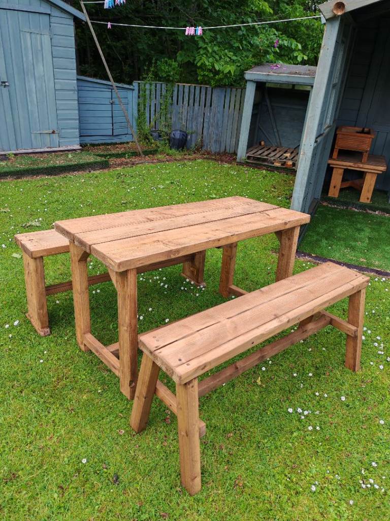 Wooden Garden Table and Benches Set – Good Condition