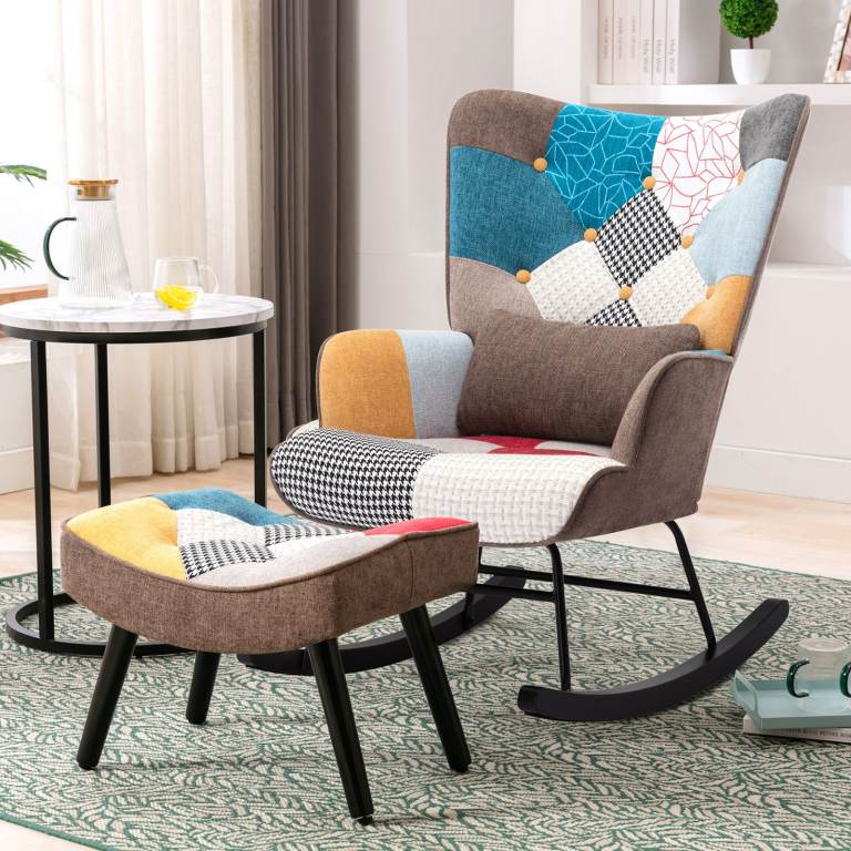 Patchwork Rocking Chair | High-Back Ergonomic Nursery Chair | 150kg Capacity | Brand New