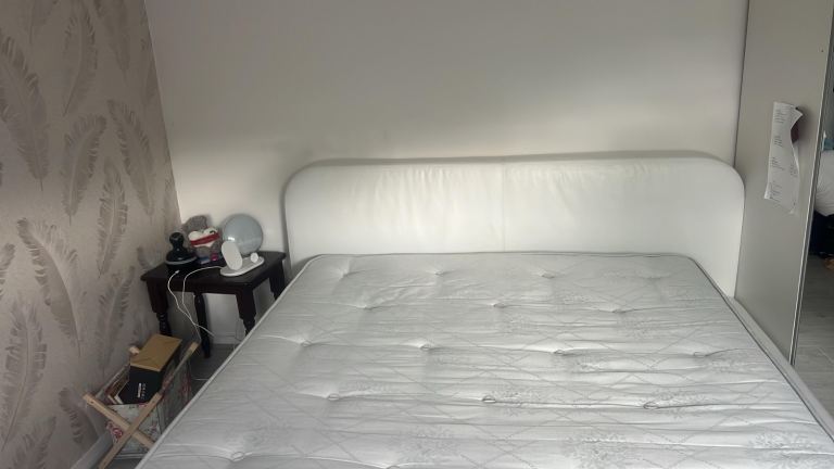 Double Ottoman Bed with Under-Bed Storage – White Leather like Frame