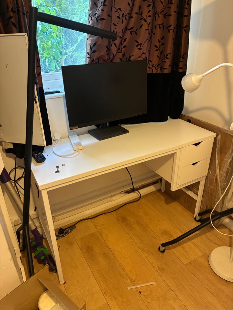 White Slim Office Desk with Two Drawers – Good Condition